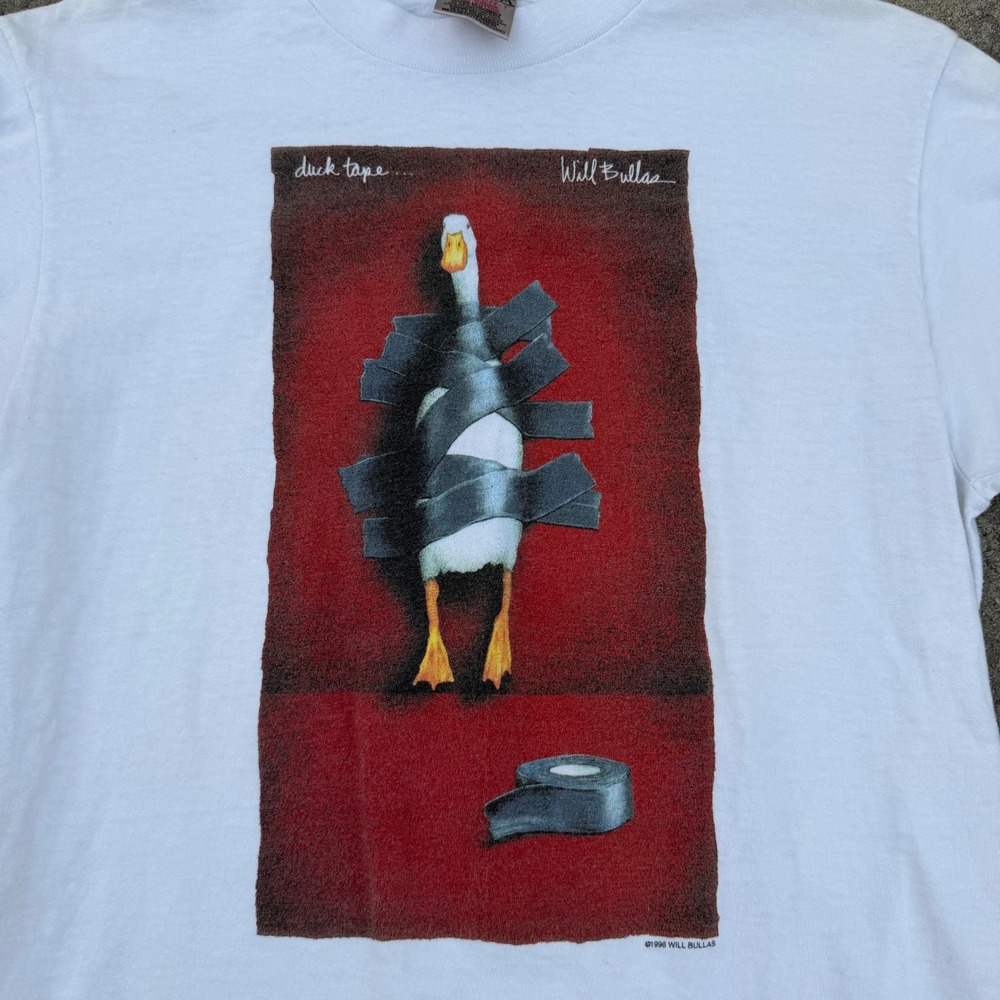 Vintage 1998 Will Bullas Duck Tape Graphic T-Shirt Oneita Power-T White Mens M